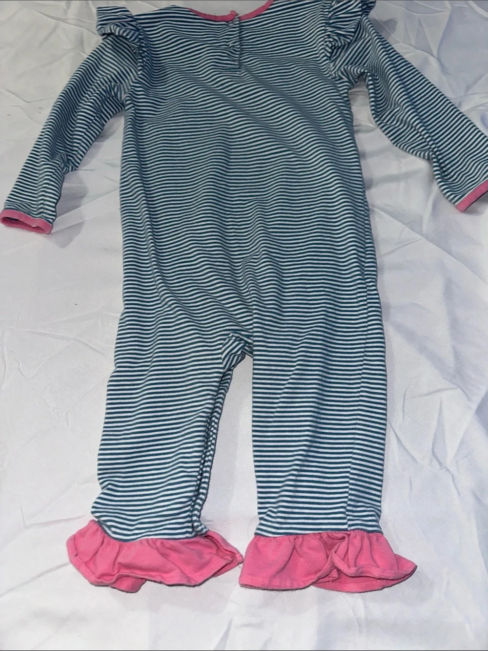 Blue & White Striped Baby one piece with Pink Trim and Puppy Applique